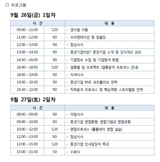 중견기업 취업전략캠프 참가모집안내(9월26일~27일)