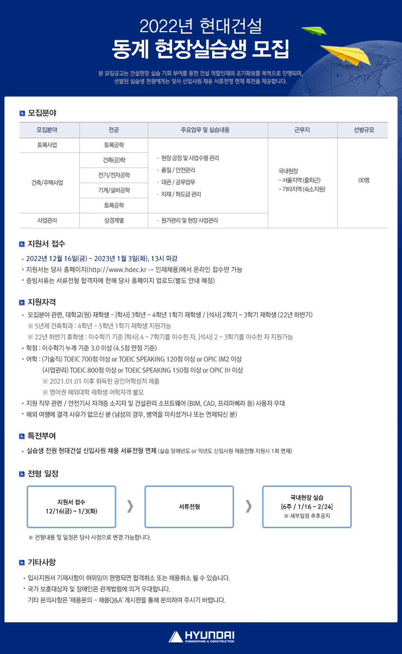[현대건설]2022년 현대건설 동계 현장실습생 모집(~1/3(화))