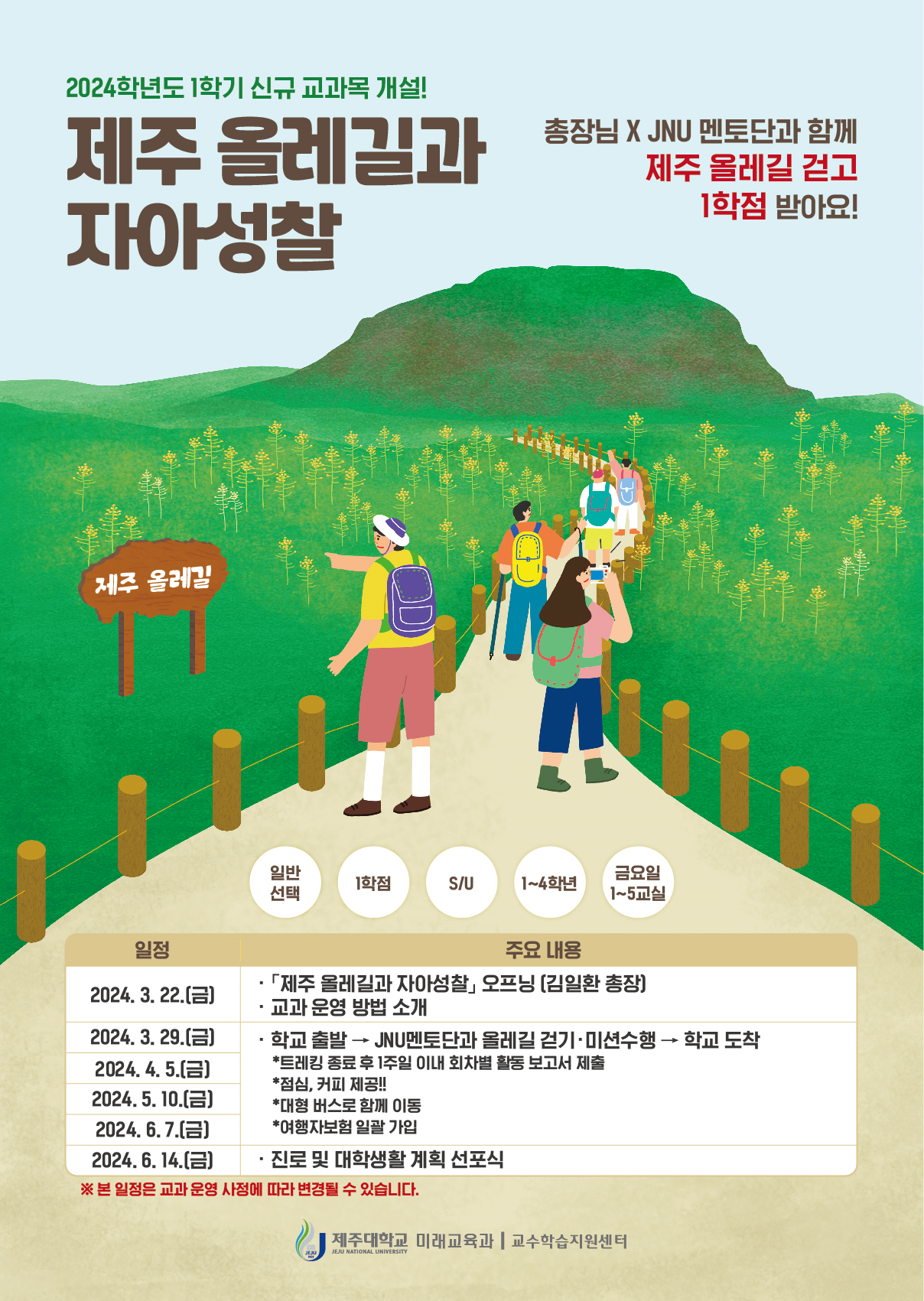 24학년도 1학기 「제주올레길과 자아성찰」 신규 교과 운영