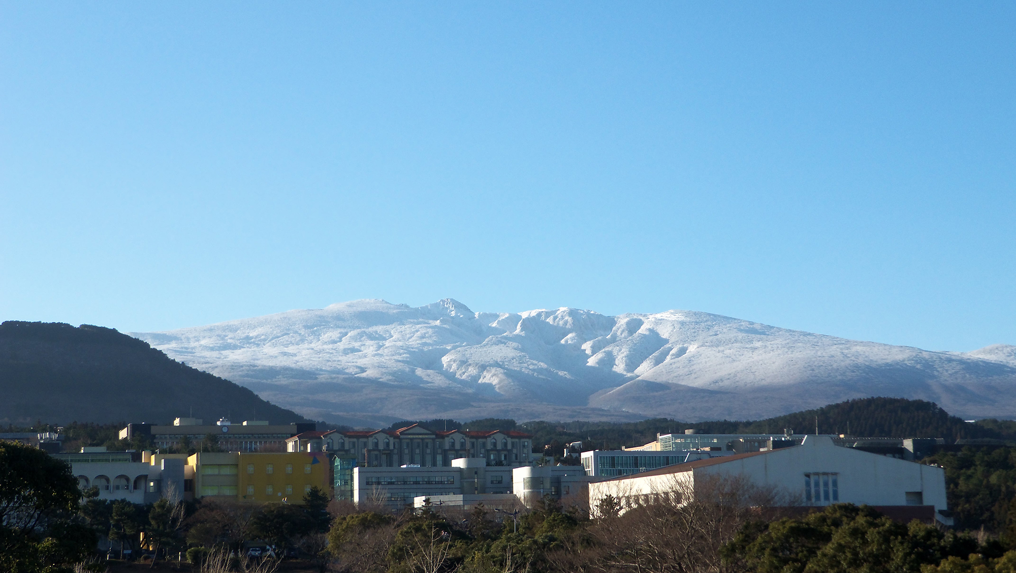 대학에서 바라보는 한라산설경