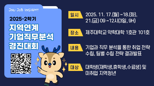 JNU JOB INSIGHT 2025-2학기 지역연계 기업직무분석 경진대회 일시 2025. 11. 17. (월) ~ 18. (화), 21. (금) 09 ~ 12시 (3일, 9H) 장소 제주대학교 약학대학 1호관 101호 내용 기업과 직무 분석을 통한 취업 전략 수립, 팀별 수립 전략 결과발표 대상 대학생(재학생, 휴학생, 수료생) 및 미취업 지역청년 지역연계 기업직무분석 경진대회